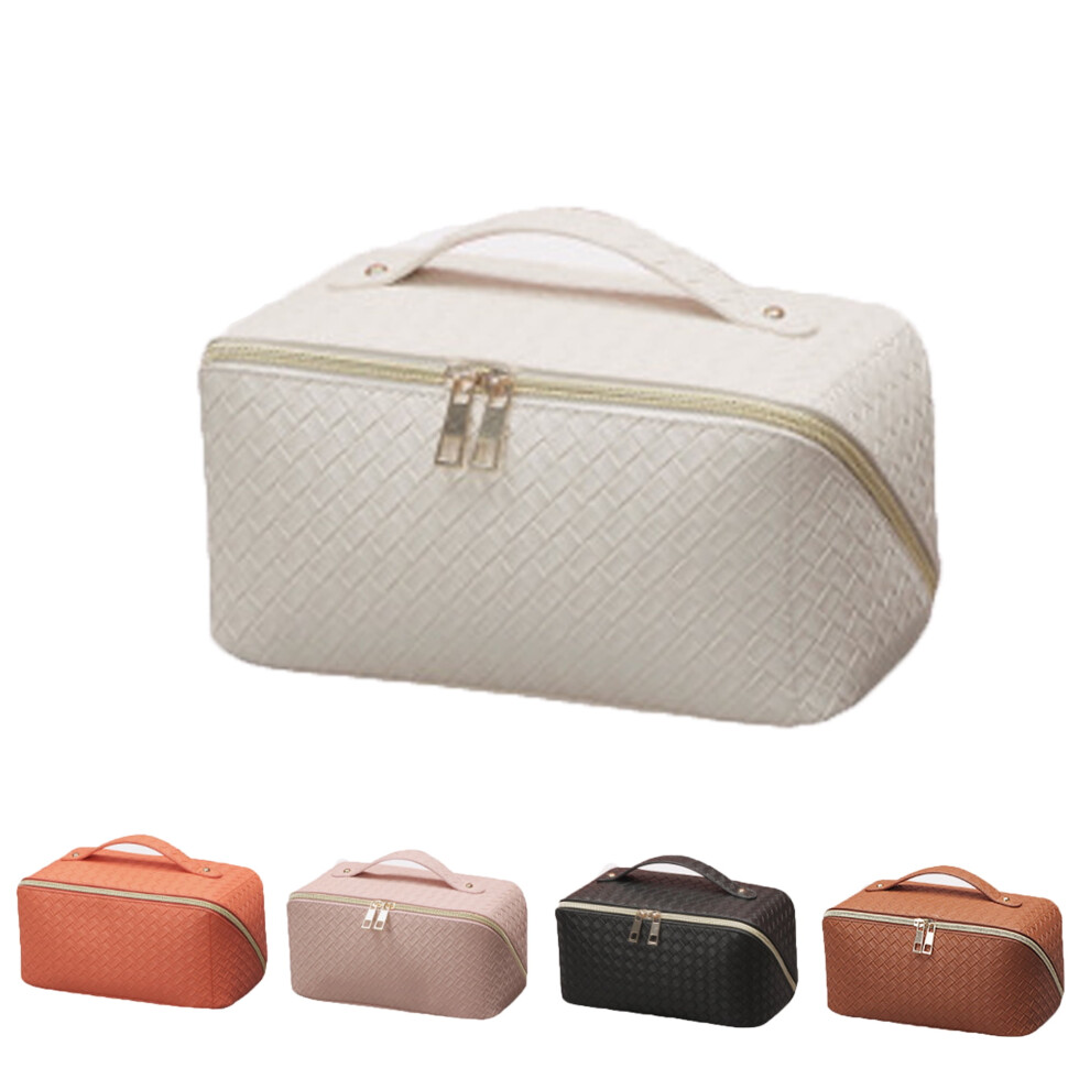 Large Capacity PU Leather Cosmetic Bag Portable Women Travel Washing Makeup Bag,White