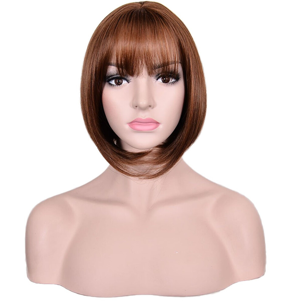 Women Short Straight Bob Synthetic Wig with Natural Texture, Heat Resistant Fiber, Brown