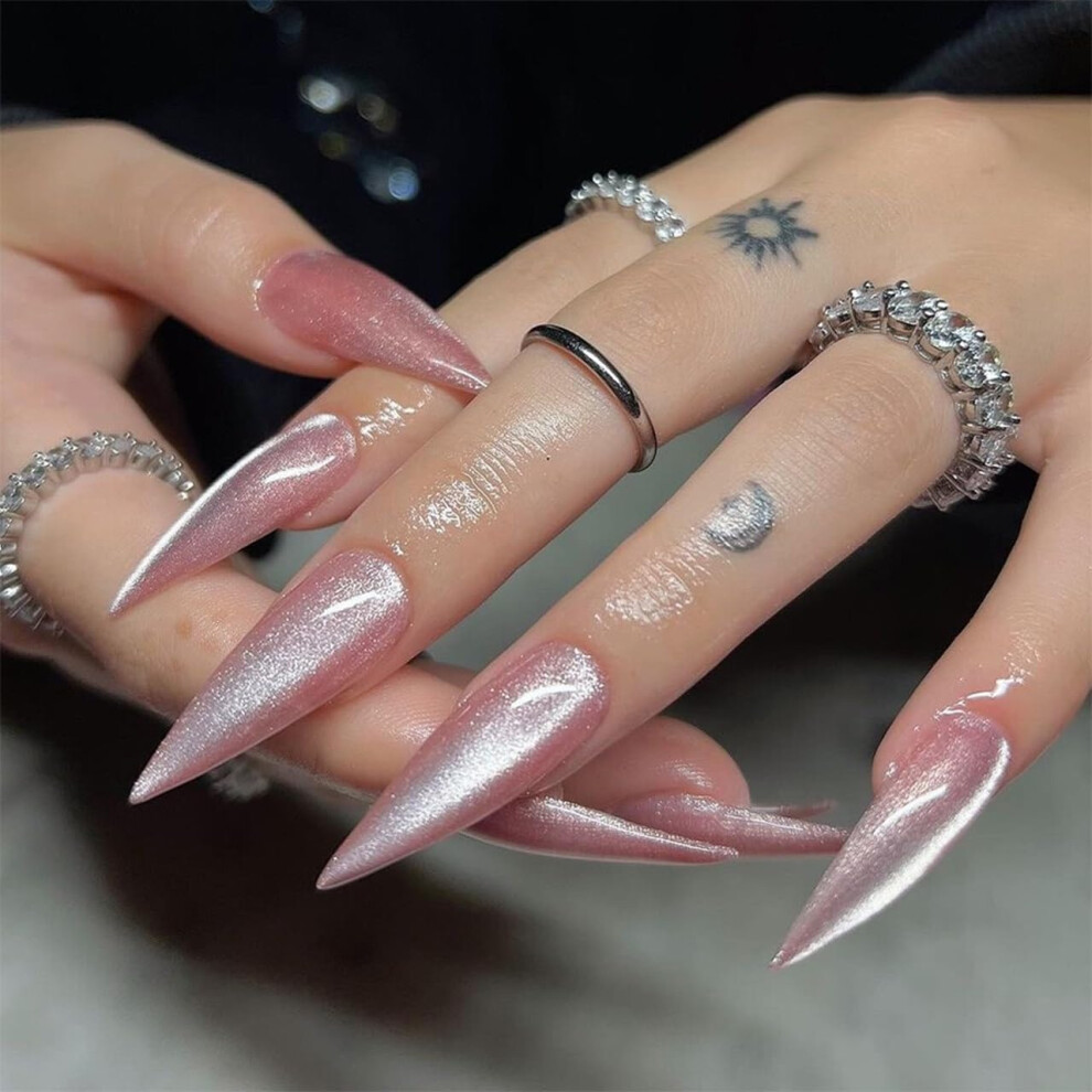 Pink,Cream Long Almond Press On Nails Nude Pink Glitter Stiletto Fake Nails With Salonstyle Finish 24 Pcs