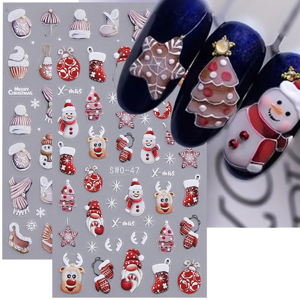 Christmas Nail Stickers 3D Decals with Snowflake Santa Elk Winter Designs Easy Peel 2PCS Set