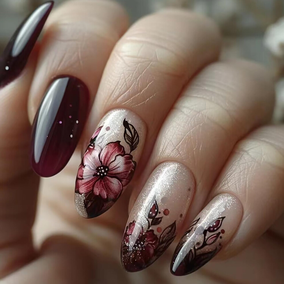 Almond Shape Press On Nails with Glitter Floral Design, Reusable Fake Nails for Women, 24Pcs