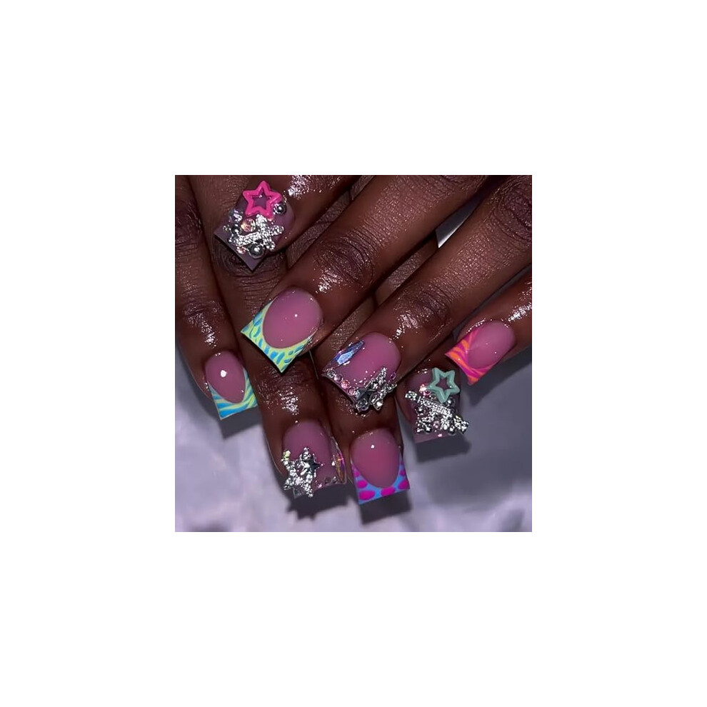 Duck Shaped Press On Nails Pink Leopard French Tip with Rhinestones Reusable False Nails Kit