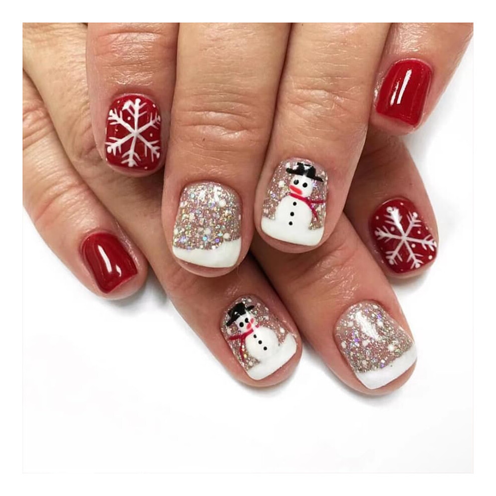 Christmas Press On Nails Short Square French Tip Snowflake Glitter Fake Nails for Winter