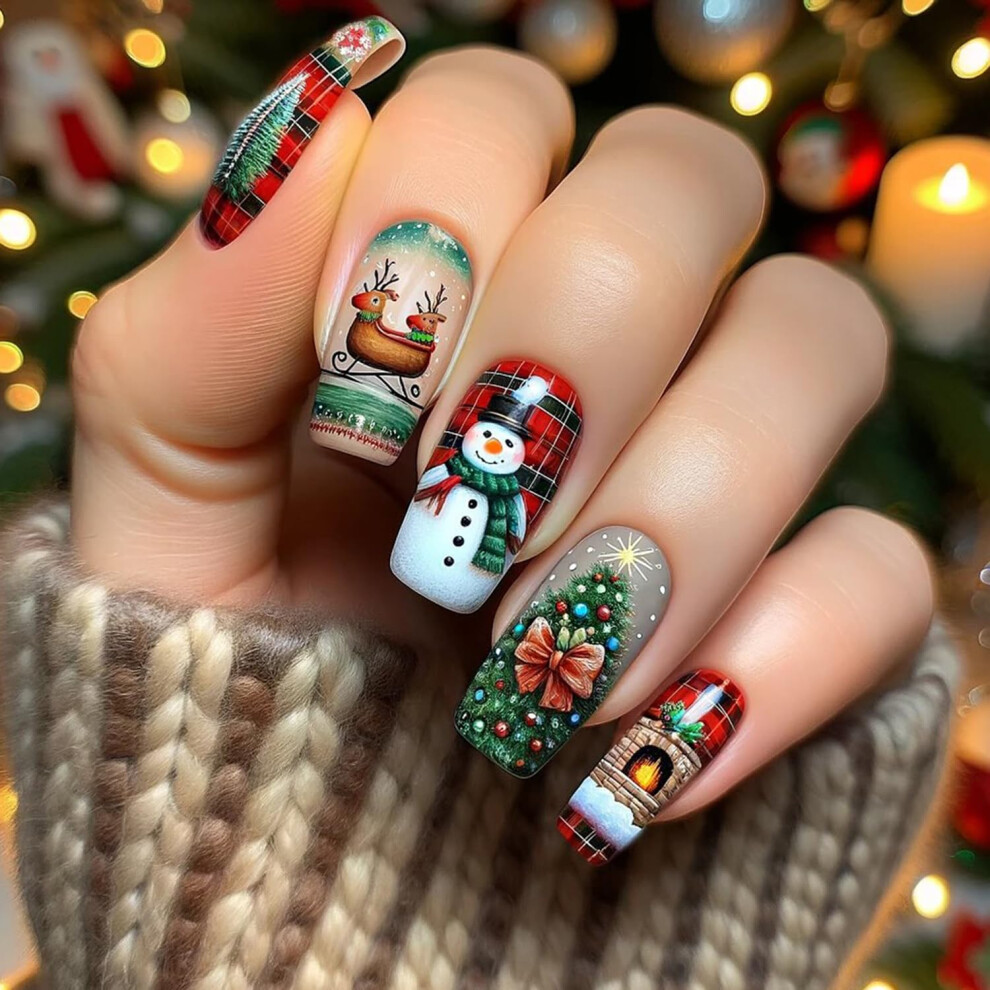 Christmas Press On Nails Medium Square Fake Nails with Snowman Tree Elk Design Glossy Acrylic Set
