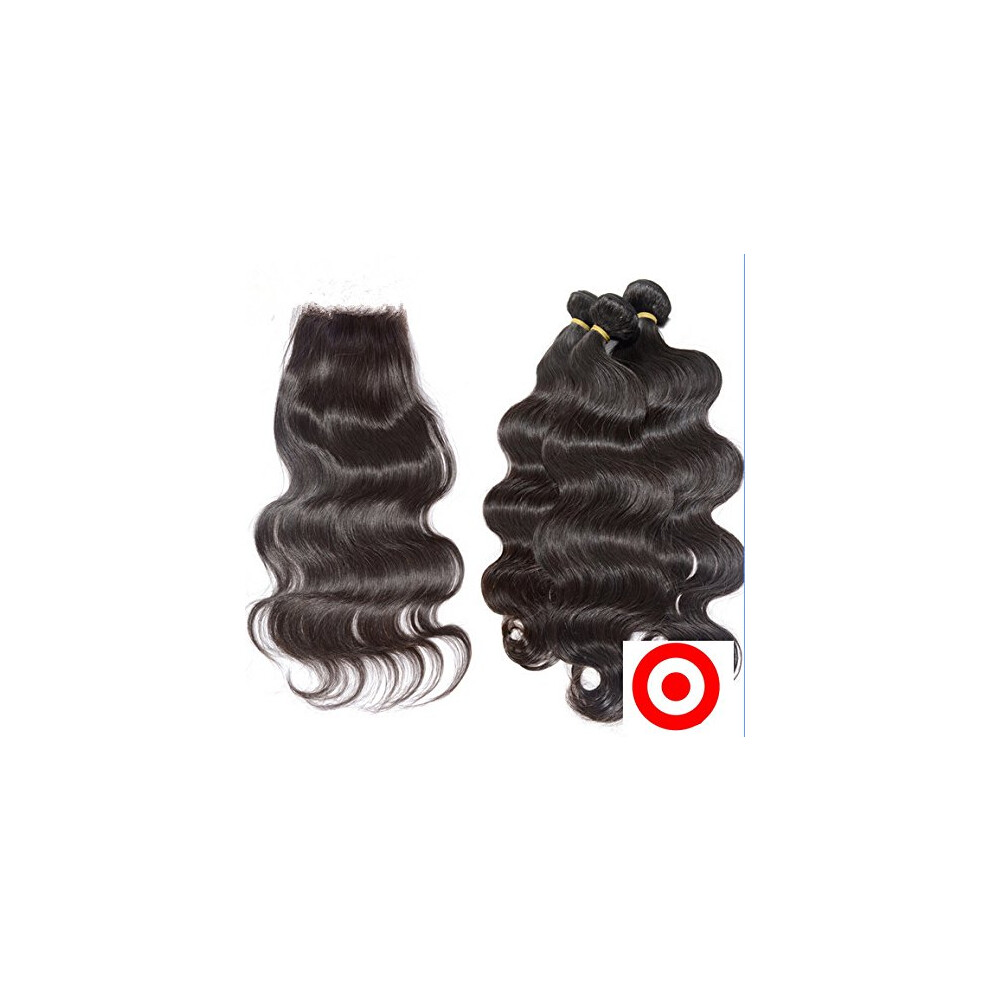 Brazilian Virgin Human Hair Bundles Body Wave Weave 16 Inch 4x4 Lace Closure Natural Color