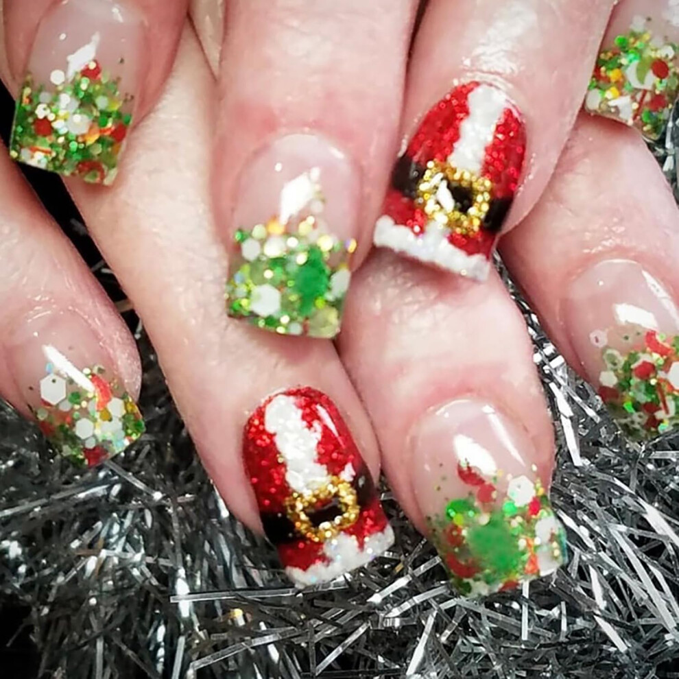 Green Christmas Press On Nails Set Glitter Santa Claus Design Reusable Holiday Square Fake Nails