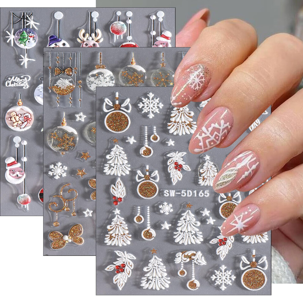 Gold Christmas Nail Art Stickers 5D Embossed Glitter Xmas Tree Santa Snowman Decals 3 Pcs