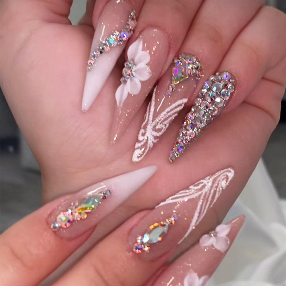 Long Stiletto Press on Nails Nude White French Tip with Glue 24Pcs Elegant Acrylic False Nails