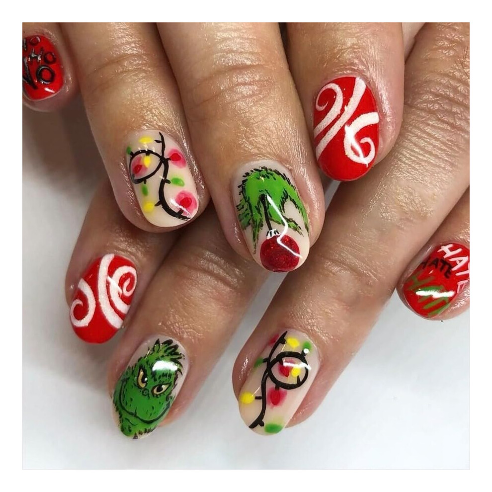 Christmas Press on Nails French Tip Glitter False Nails with Snowflake Design Reusable Nail Kit
