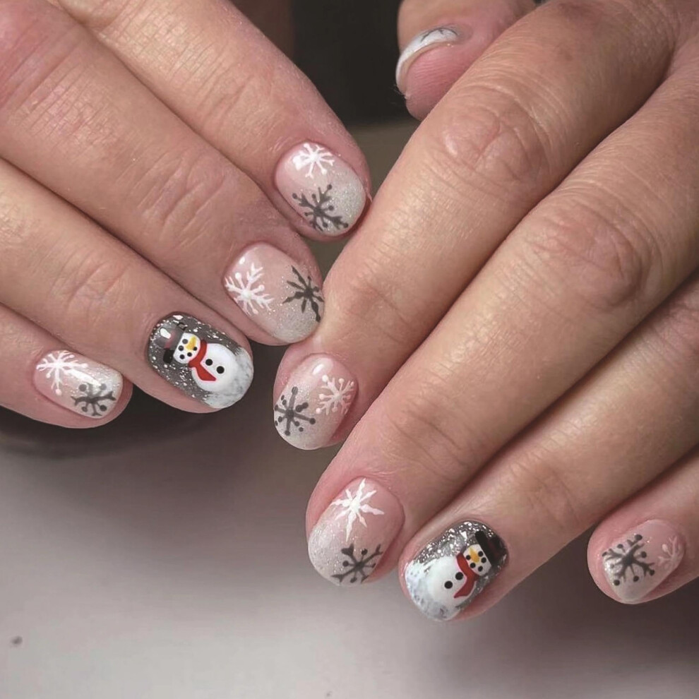 Press on Nails Short Square Fake Nails with Glitter Ombre French Tip Winter Christmas Design 24pcs