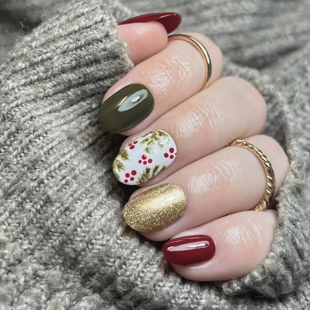 Press On Nails Almond Shape Glossy Full Cover Fake Nails Maple Leaves Acrylic Nail Kit 24pcs