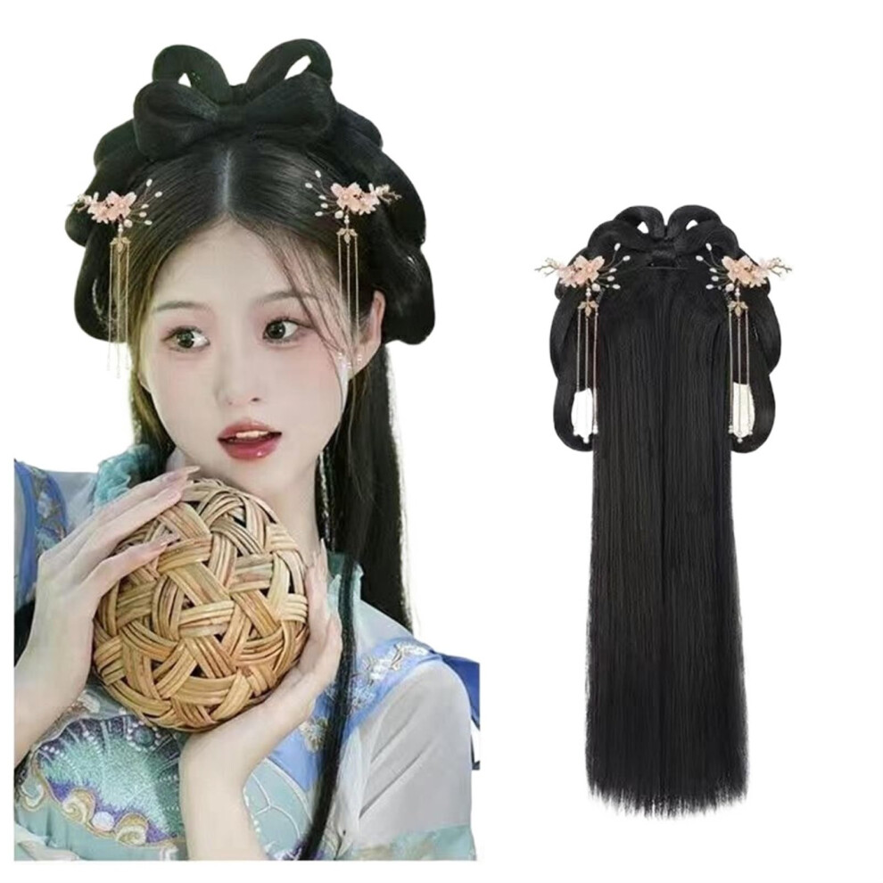 Unisex Black Geisha Wig With Headband, Hanfu Cosplay Hairpiece, Traditional Chinese Bun, Lightweight Fit