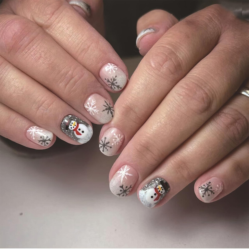 Christmas Press On Nails Short Square Fake Nails with Snowflake and Snowman Glitter Design 24Pcs