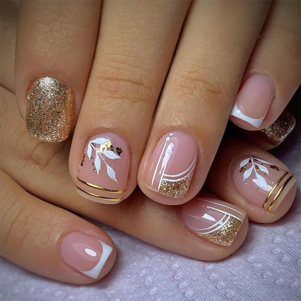 Gold French Tip Short Square Press On Nails With Glitter, Reusable False Nails For Women, 24Pcs