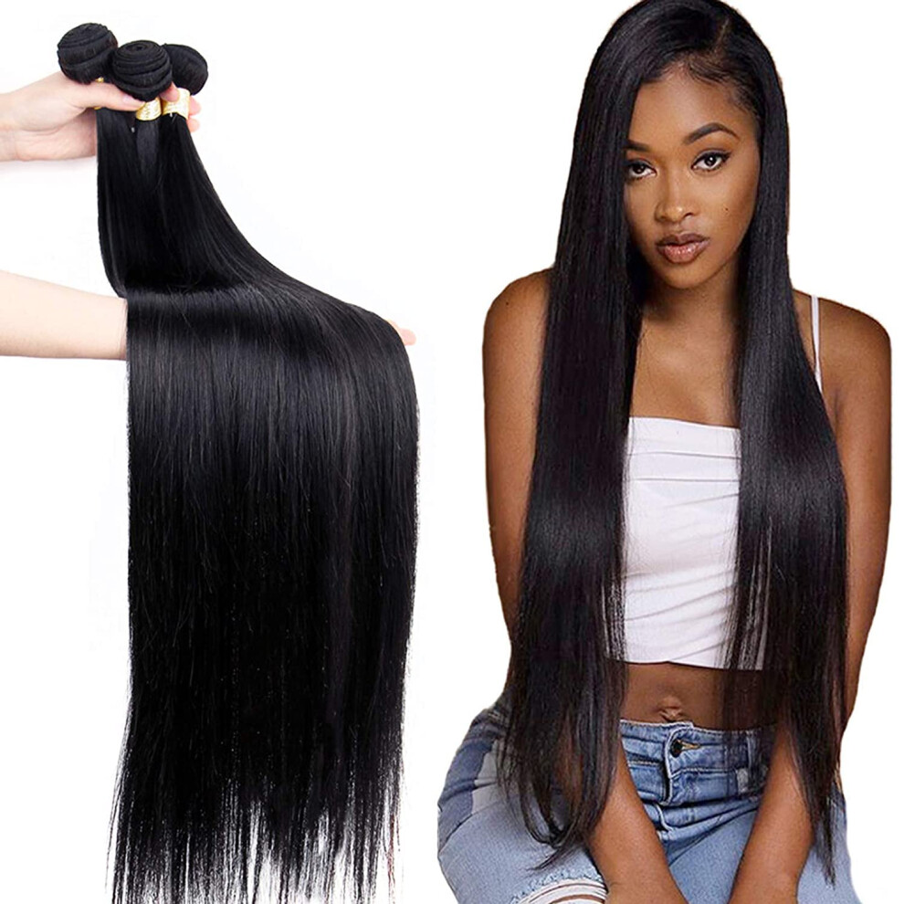 Unisex Black 28 Inch Silky Straight Malaysian Virgin Hair Extensions, Unprocessed Human Hair Weave Bundle