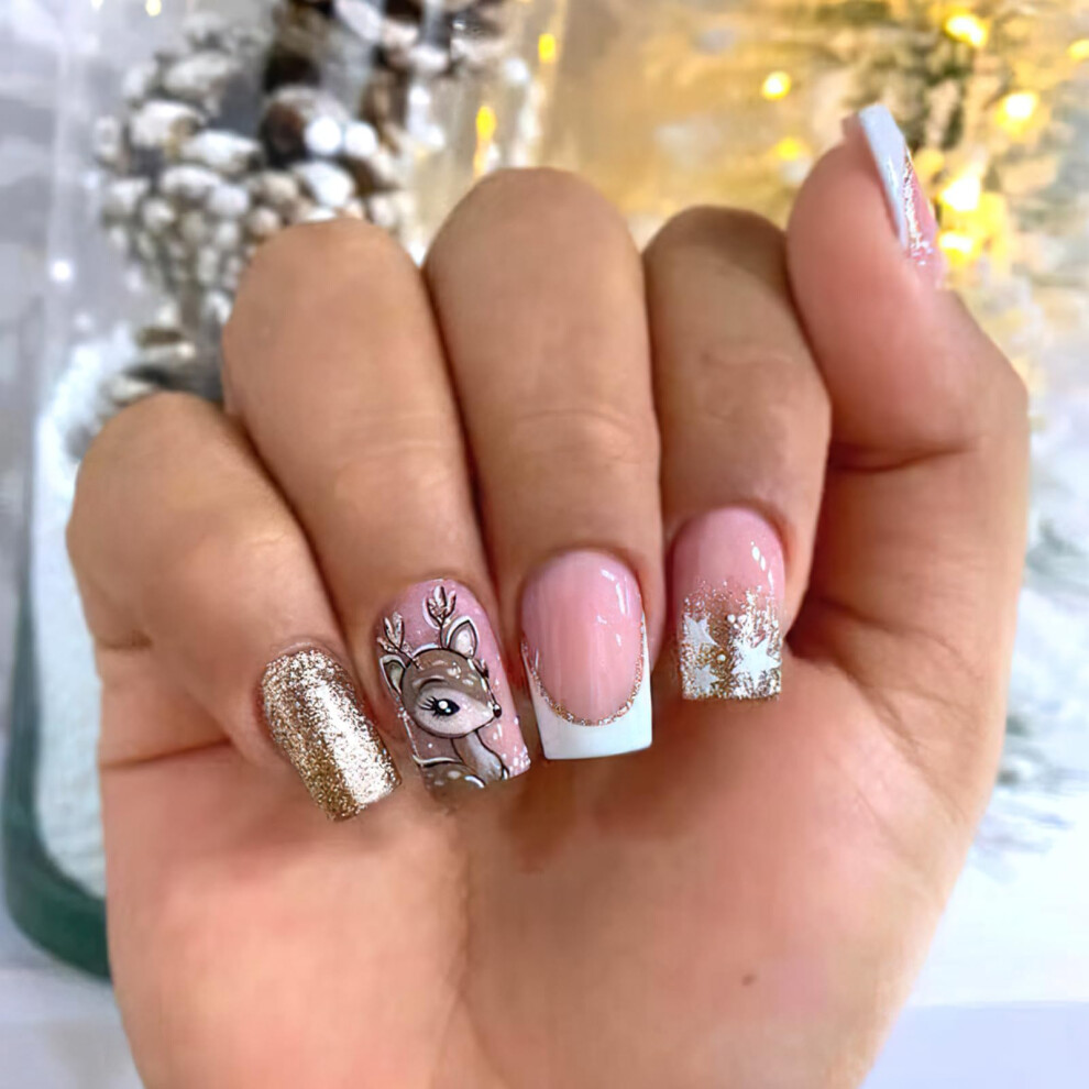 Pink Christmas Press On Nails Short Square Fake Nails With Reindeer And Snowflake Glitter 24Pcs