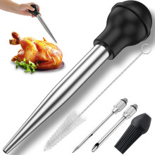 Stainless Steel Turkey Baster Syringe with 2 Needles, 1 Brush - Meat Injector Set for BBQ, Baking, Kitchen - Compatible with Grills