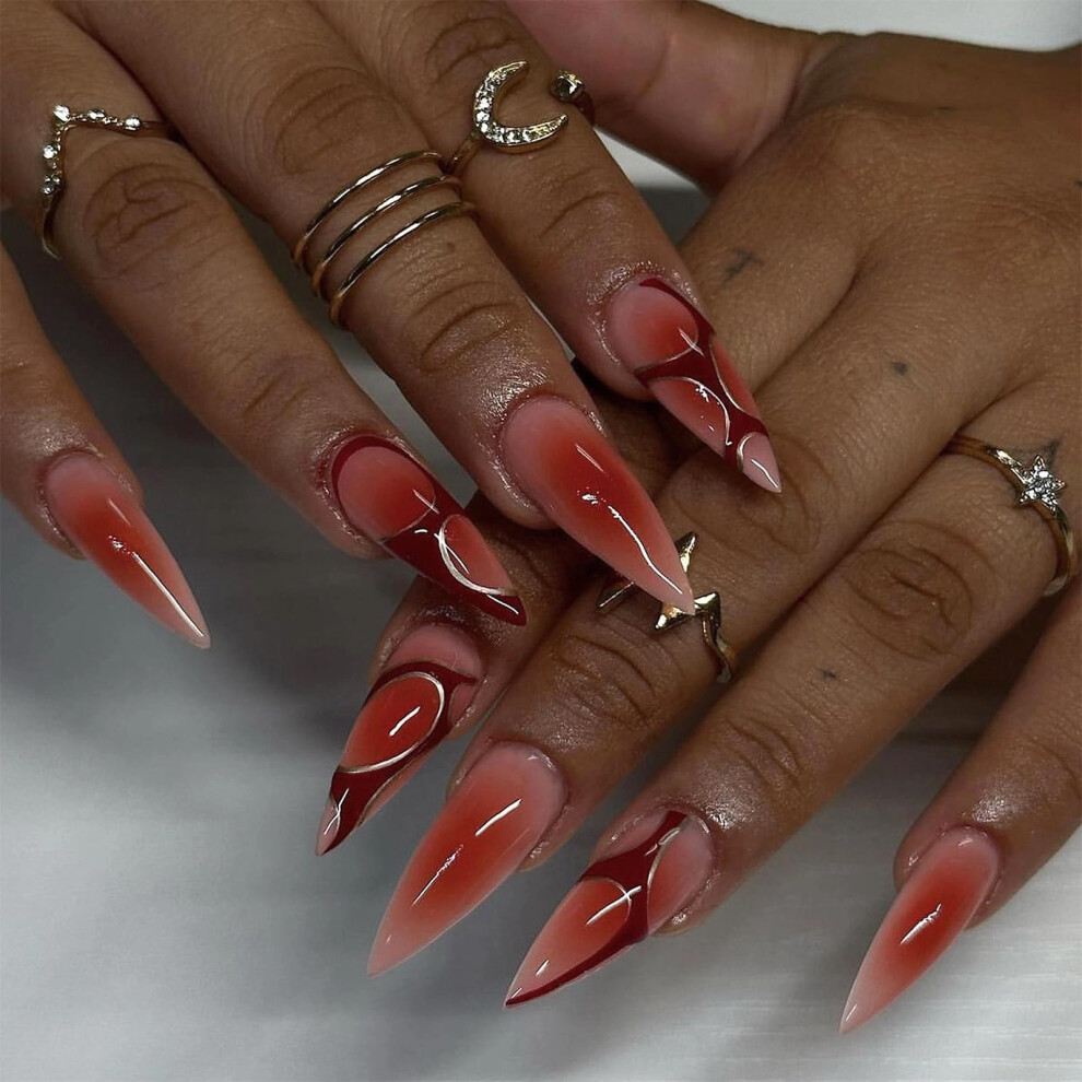 Red Medium Almond Press On Nails With Ombre Swirl Design, Reusable Acrylic Fake Nails 24Pcs