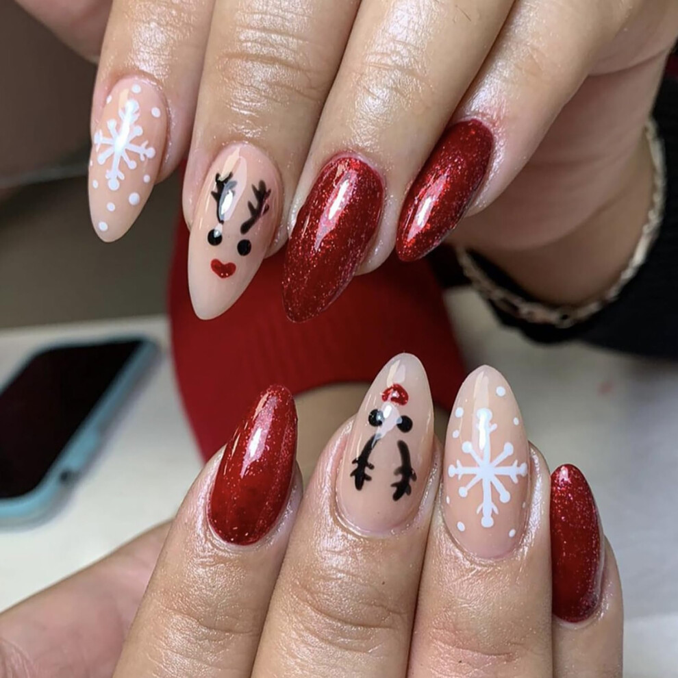 Red,Cream Christmas Almond Press On Nails Red Nude Snowflake Reindeer Winter Fake Nails For Women Girls 24 Pcs