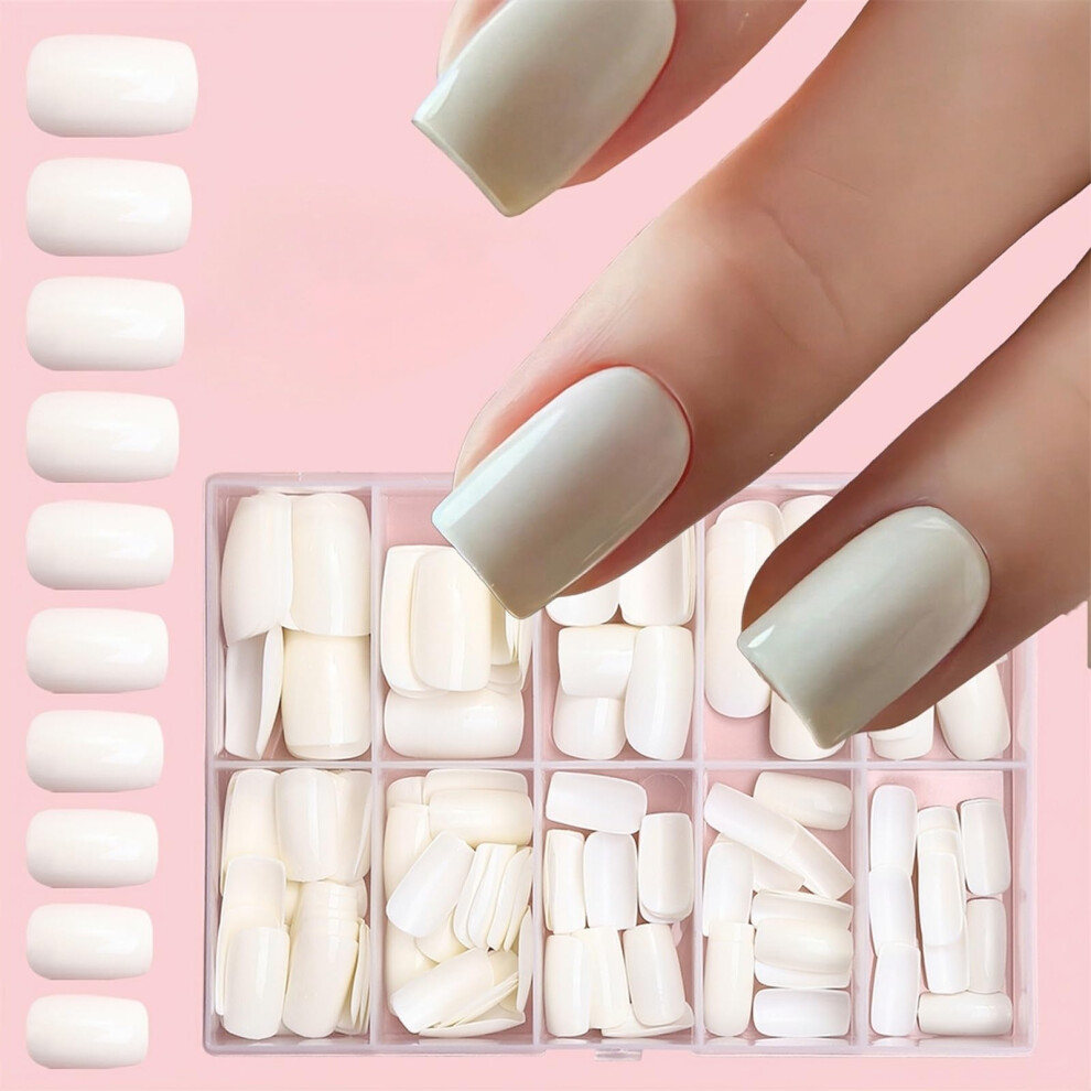 White Short Press On Nails Set 120Pcs Square Shape Matte And Glossy Fake Nails With Adhesive