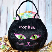 Halloween-Eimer mit Henkel – Niedlicher schwarzer Katzen-Süßigkeiteneimer, weicher, flauschiger Mitgebselbeutel für Kinderpartys,