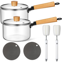 2 Sets Glass Cookware Set 60oz with Lid, Handle & Pan, Compatible with Stove, Clear Simmer Saucepan for Pasta, Soup, Milk, Baby Food (Classic)