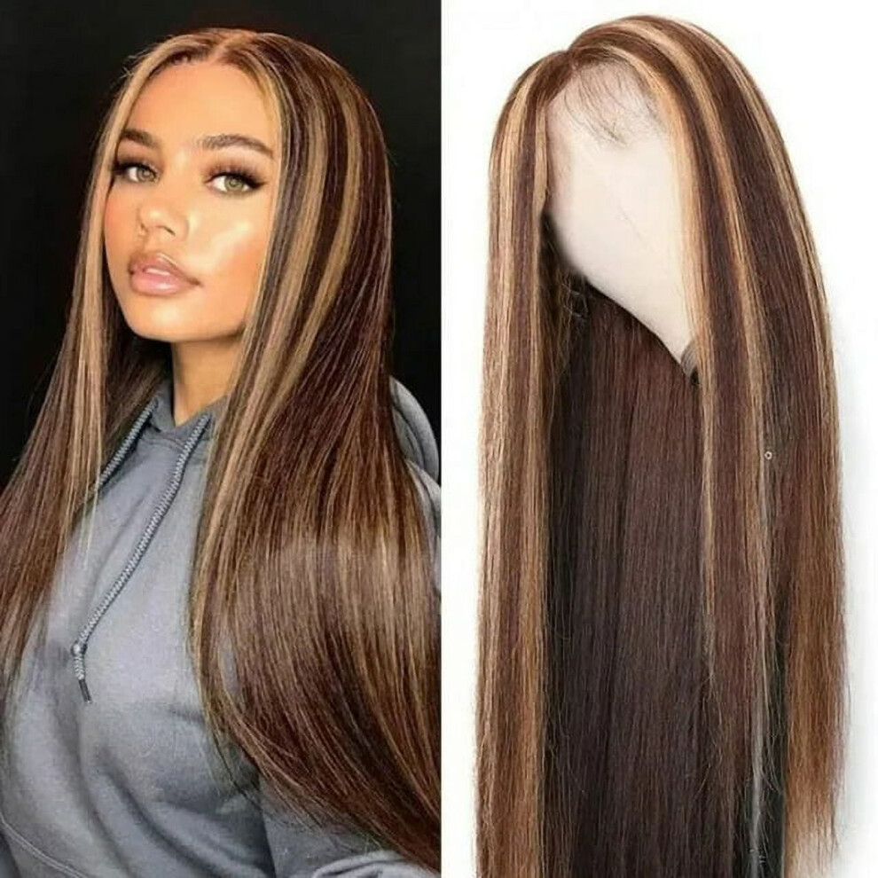 Unisex Brown Bouanq Long Straight Mixed Blonde Synthetic Wigs For Women Middle Part Highlights Human Hair Wigs,Lace Front Wwigs Human Hair On Clearance