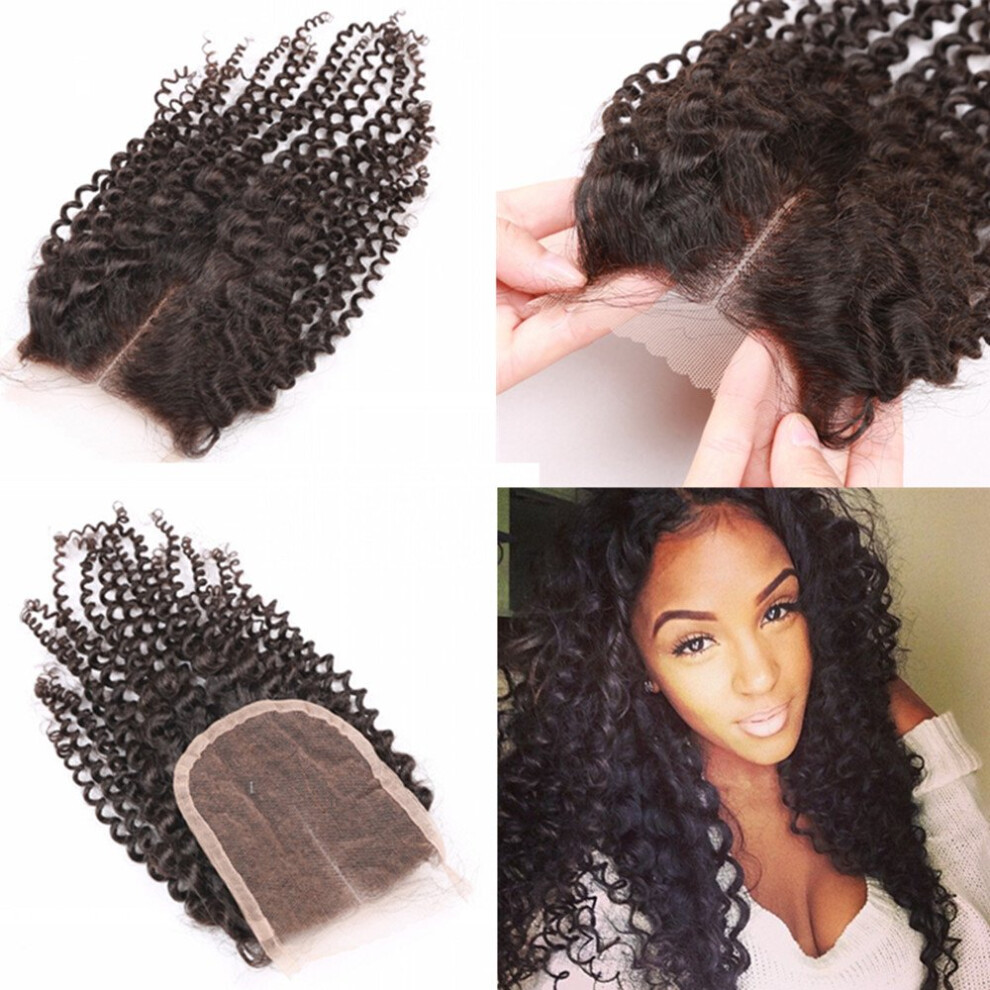 Unisex Black Brazilian Remy Hair Closure 16 Inch Kinky Curly Middle Part 130 Density With Bleached Knots
