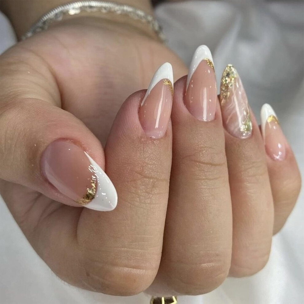 Medium Almond Press On Nails with Gold Foil French Tips, Reusable Acrylic False Nails Set 24Pcs