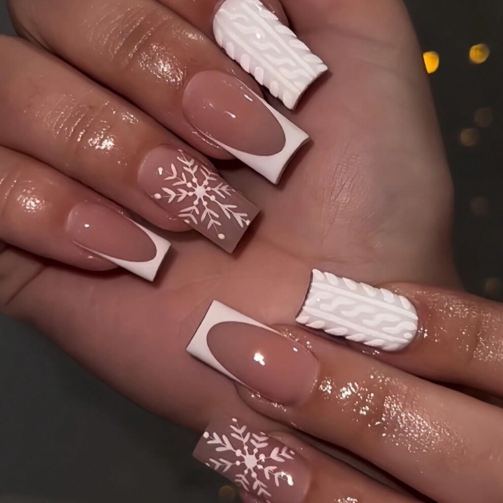 White Christmas Press On Nails With Glue Snowflake Coffin Fake Nails Glossy Tapered Square Set