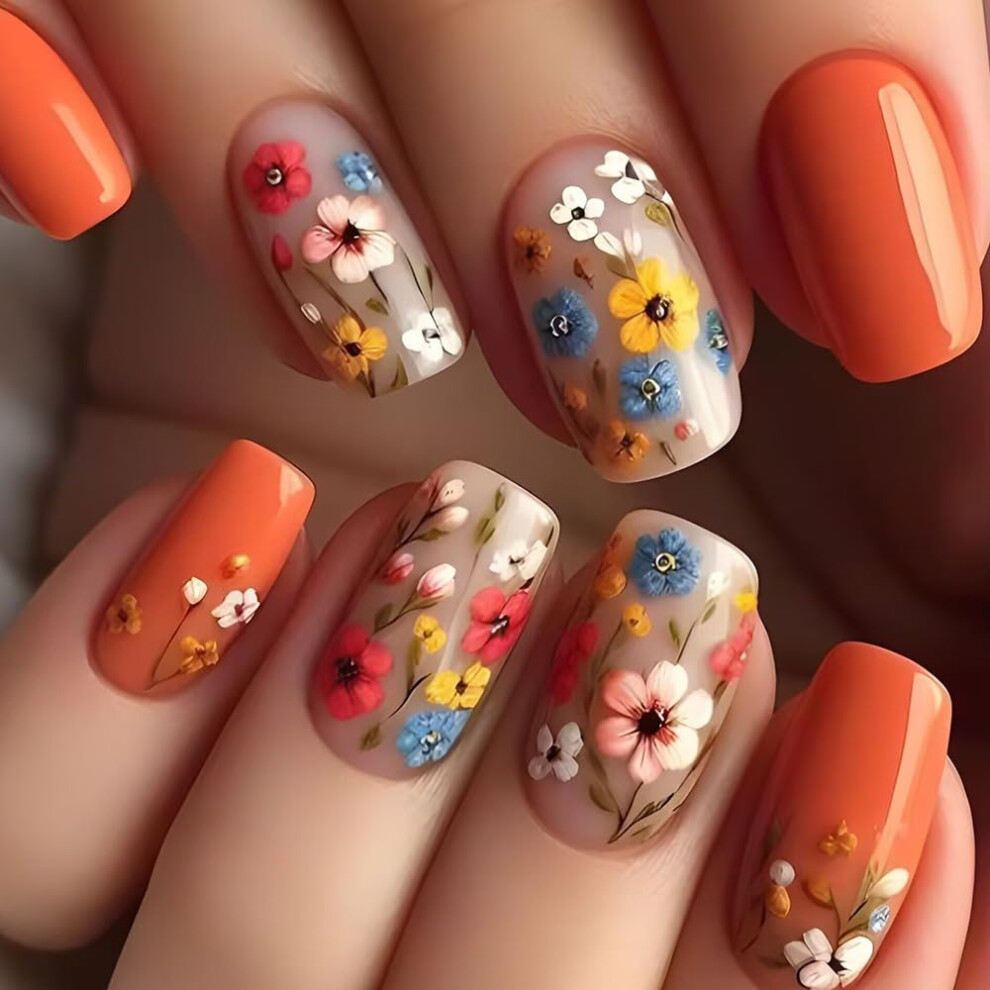 Short Square Press On Nails 24pcs Reusable Acrylic Fake Nails with Floral Design and Jelly Glue