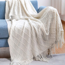 Knitted Throw Blanket with Tassels, Solid Geometric Plaid, Soft Couch or Bed Cover, 230x130cm Off White