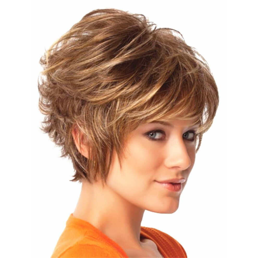Women's Short Curly Wig Synthetic Brown with Highlights, Natural Texture, Adjustable Fit