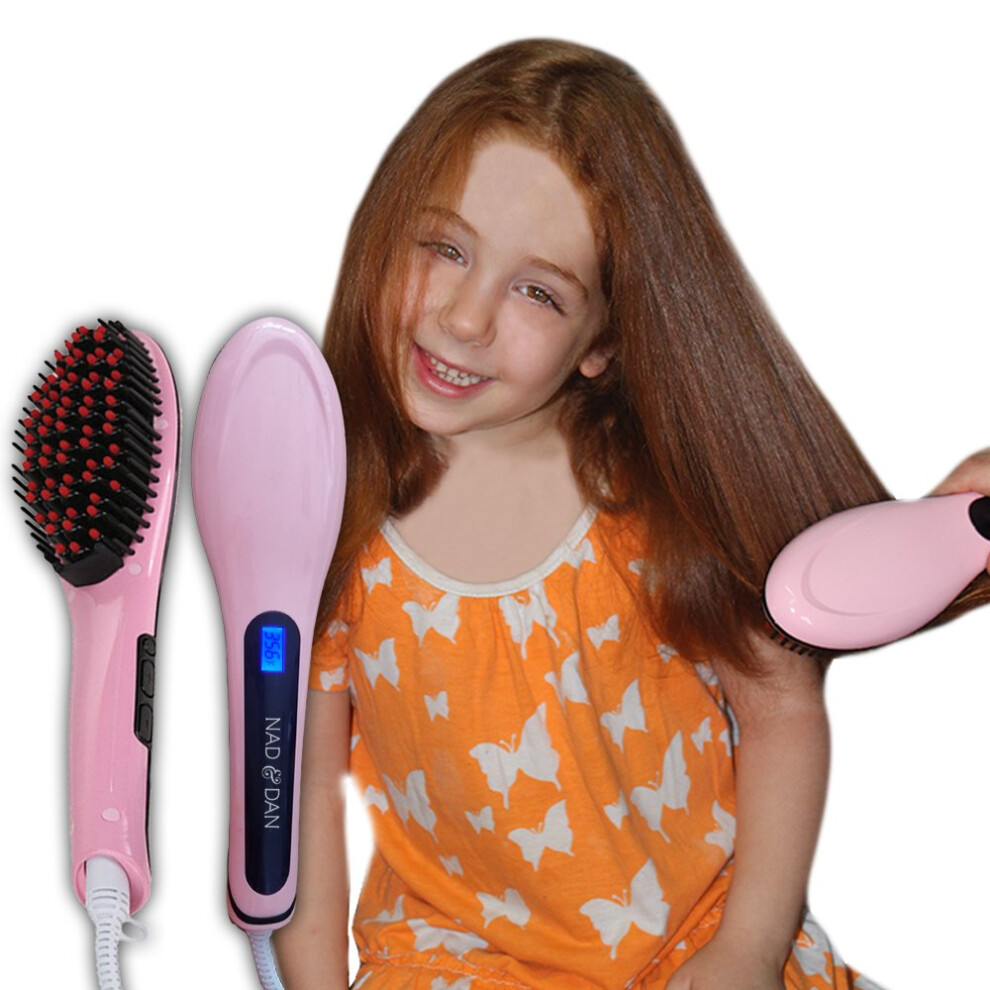 Pink Hair Straightener Brush With Ceramic Ionic Fast Heat Up, Lock Button, Anti Scald, Dual Voltage,