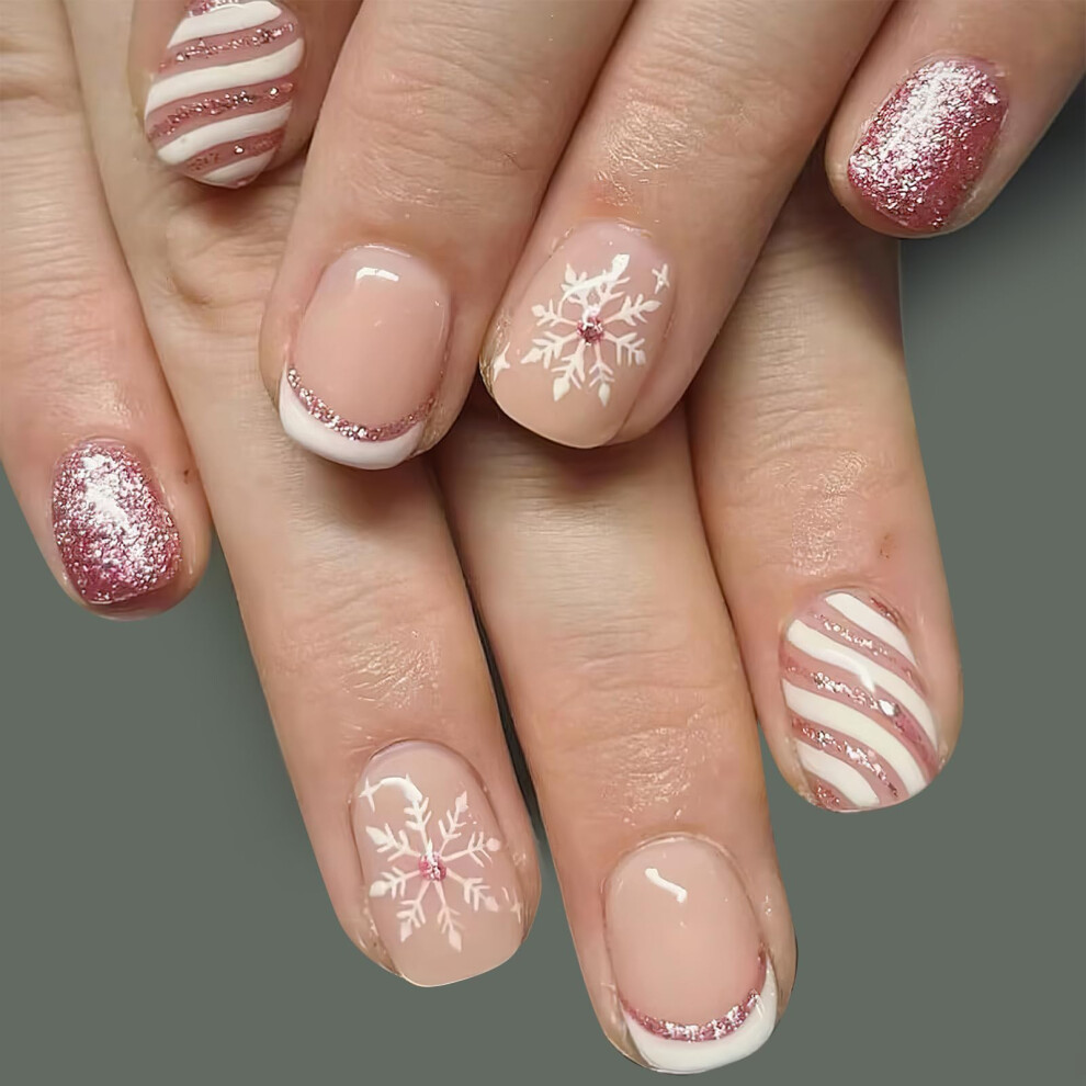 Christmas Press On Nails Short Square Pink Glitter Snowflake Holiday Fake Nails 24pcs Reusable