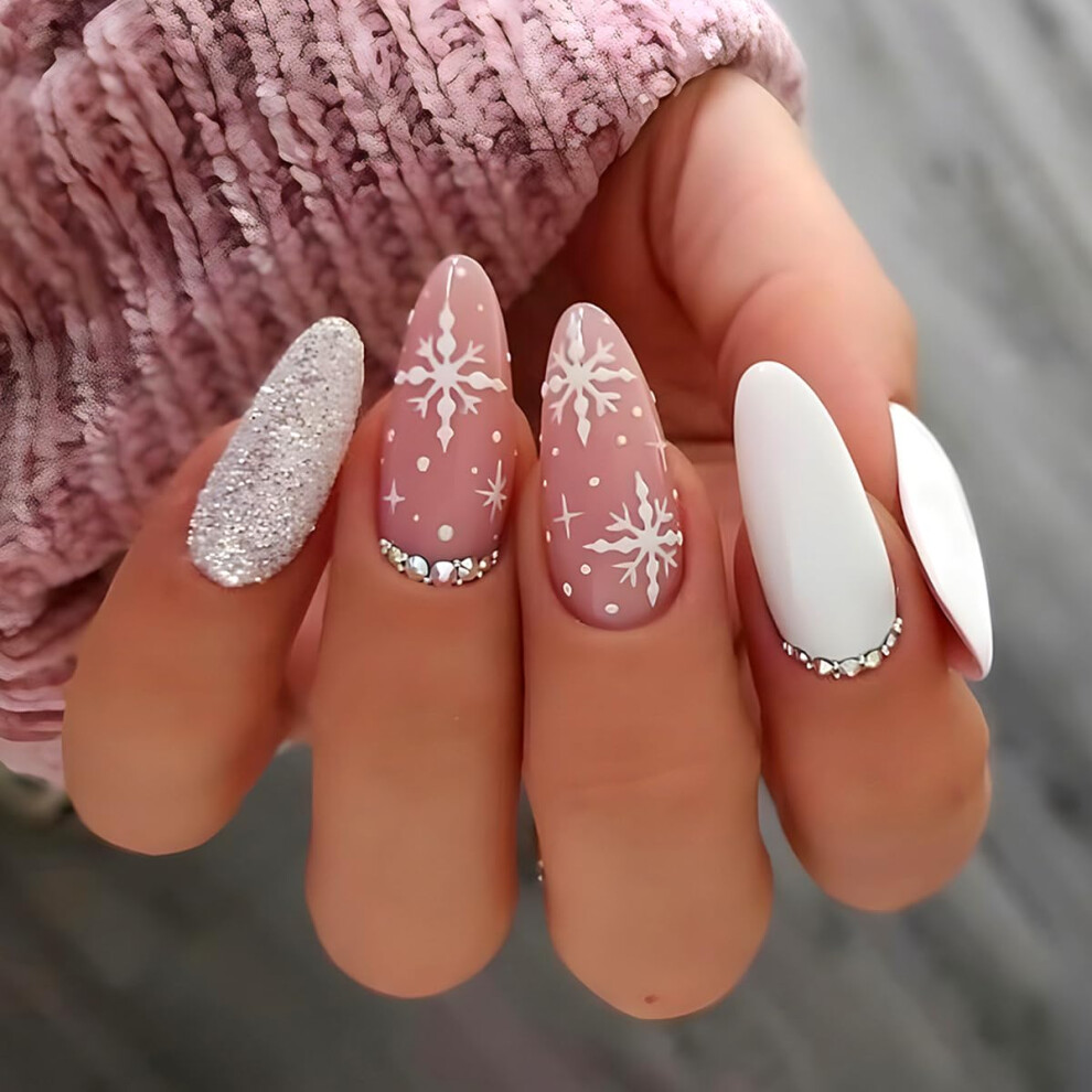 White Christmas Press On Nails Almond Shape With Snowflake And Rhinestone Glitter Tips 24Pcs Reusable Set