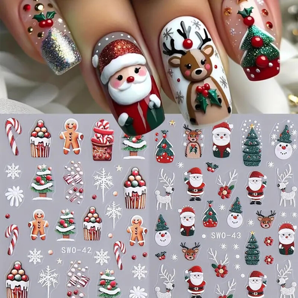 Christmas Nail Stickers 2Pcs 5D Embossed Decals Santa Snowman Tree Snowflake for Festive Nails