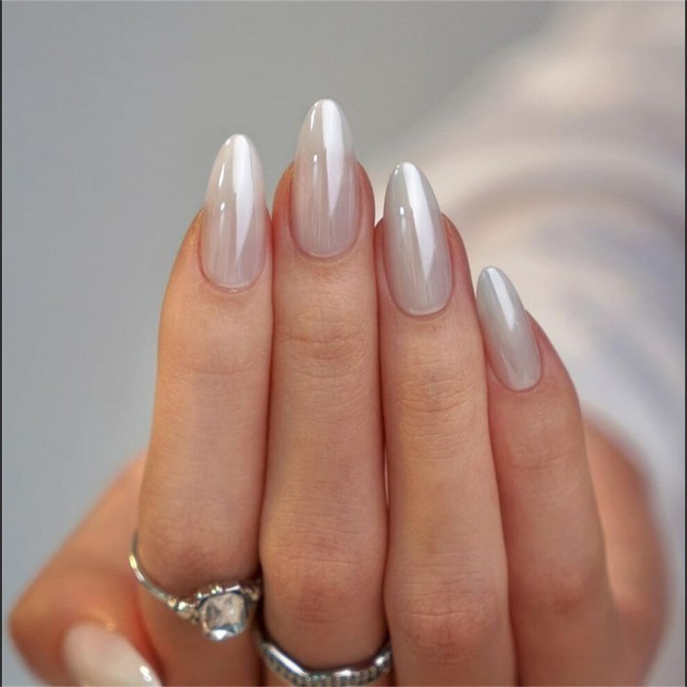 White Chrome Glossy Almond Press On Nails Reusable Acrylic Style Fake Nails For Women