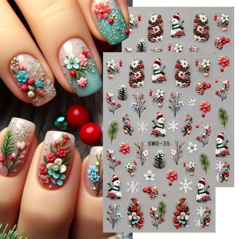 Christmas Nail Stickers 2Pcs 5D Embossed Snowflake Snowman Decals for Holiday Nail Art Women