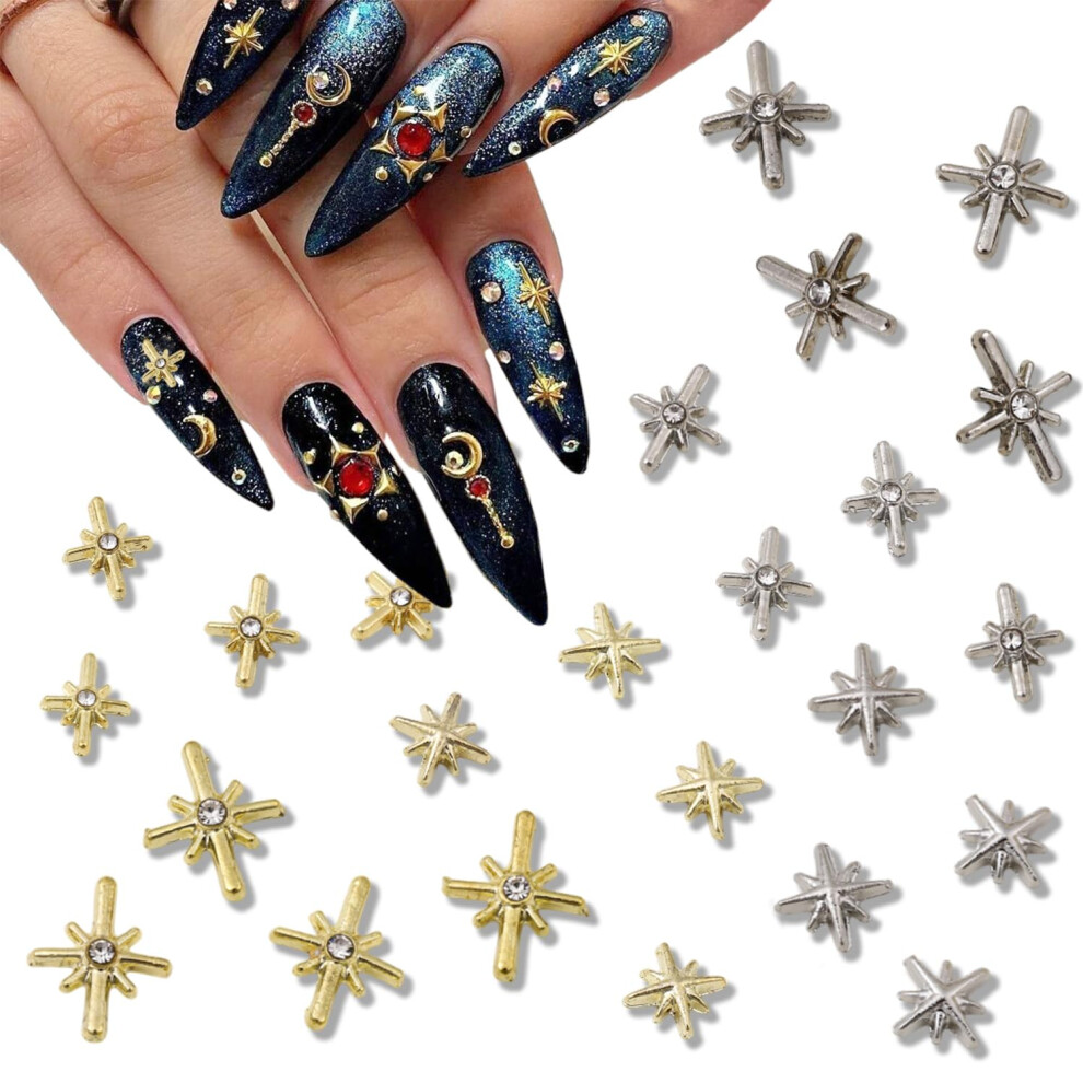 Gold Nail Charms 24pcs 3D Gold Star Nail Art Decorations with Rhinestones for Acrylic Manicure
