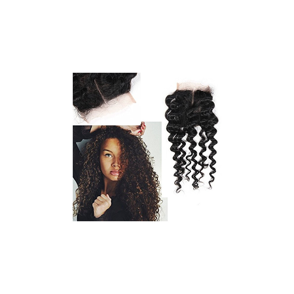 Cambodian Virgin Human Hair Deep Wave Lace Closure 4x4 Middle Part 8 Inch Bleached Knots Natural Color