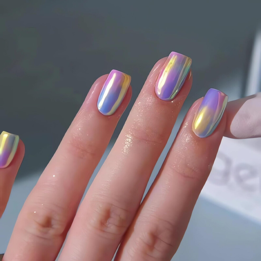 Gradient Rainbow Short Square Press On Nails Glossy Acrylic Fake Nails Cute Glue On Set 24Pcs