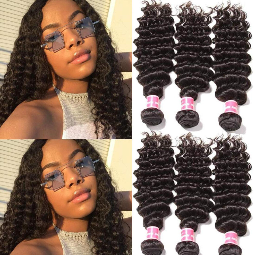 Unisex Brazilian Deep Curly Virgin Human Hair Bundles 3Pcs Natural Color Silky Tangle 20 22 24In