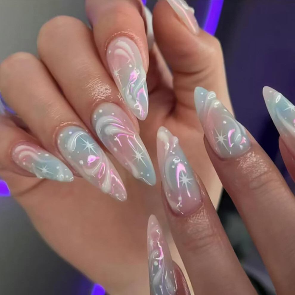 Blue,Pink Pink Blue Ombre Almond Shape Press On Nails With 3D Water Ripple Acrylic, 24Pcs Fake Nails