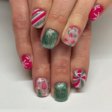 Christmas Press On Nails Set, Short Square Acrylic Fake Nails Red with Snowflake Glitter Designs