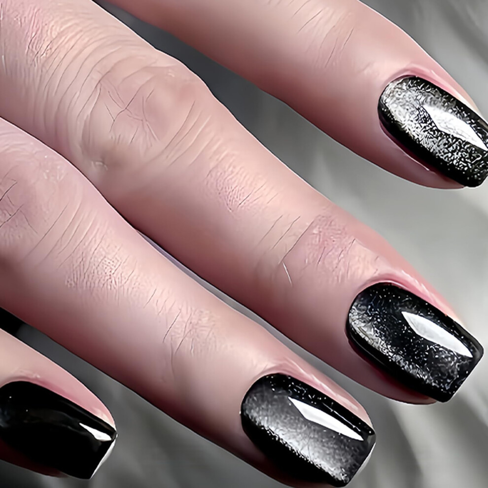 Black Glossy Glitter Press On Nails Short Acrylic Fake Nails Easy Glue Application 24Pcs