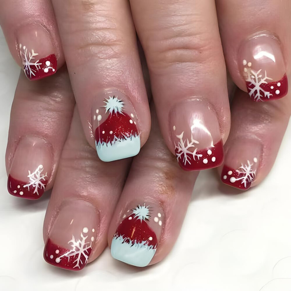 Red Christmas Short Square Press On Nails Glitter Snowflake Winter Fake Nails 24Pcs Salon Quality