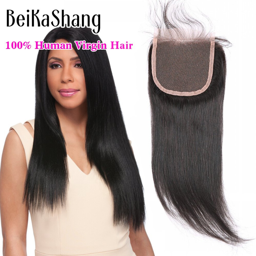 Unisex 4X4 Brazilian Virgin Hair Lace Closure Straight With Bleached Knots Natural Hairline 12 Inch