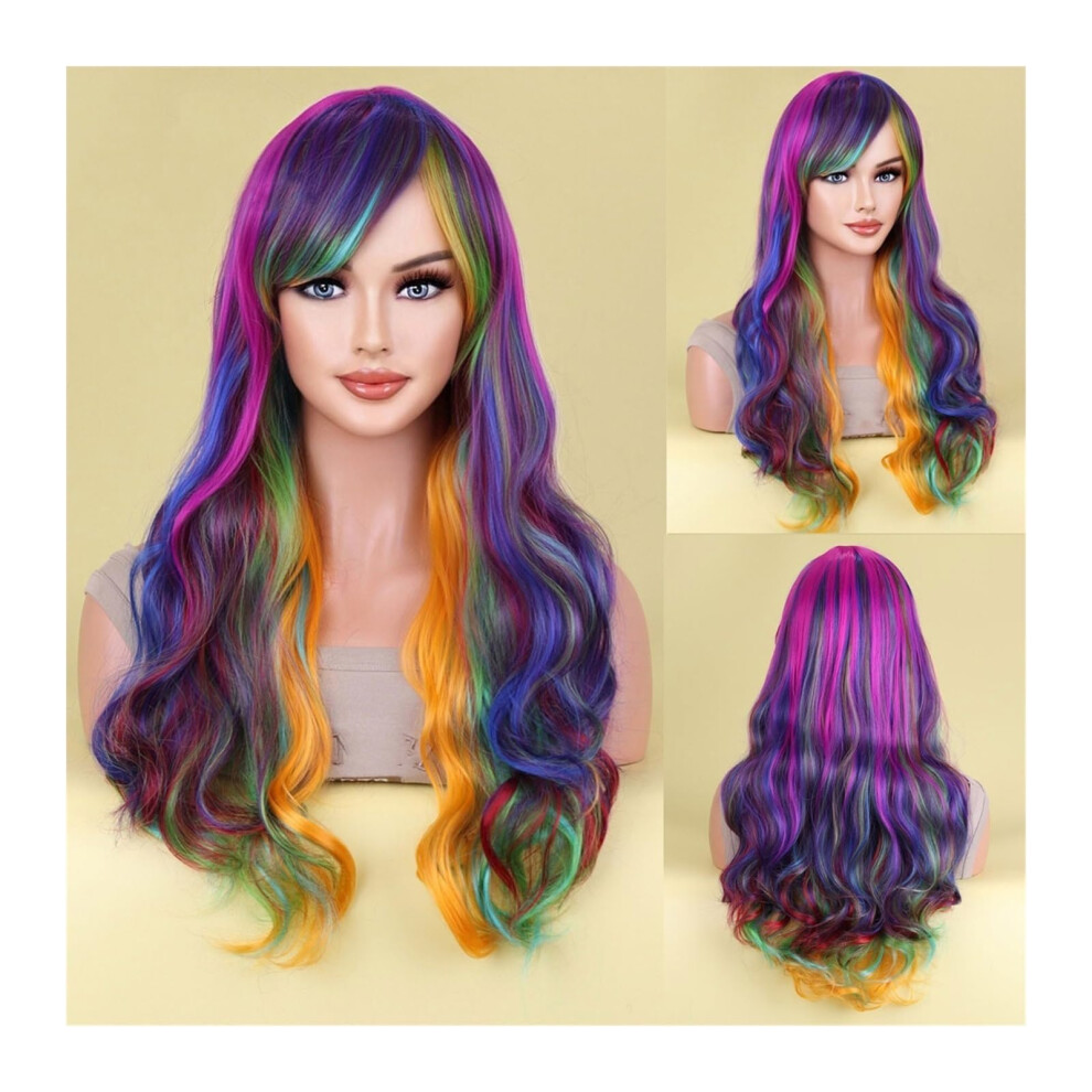 Unisex Pink,Purple 28' Heat Resistant Synthetic Wig With Bangs, Purple And Pink Cosplay Wig For Women Natural Looking