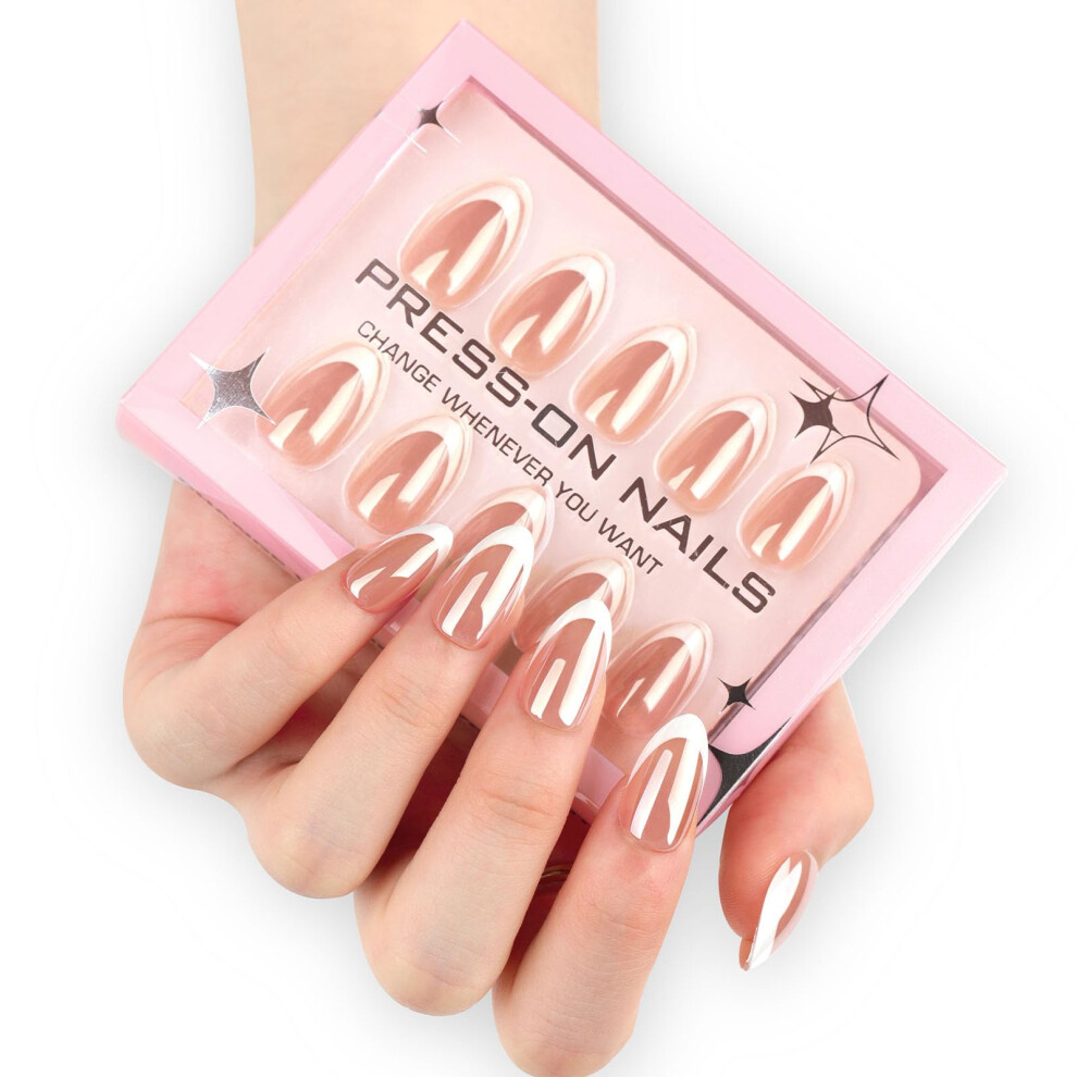 Cream Short Almond Press On Nails French Tip Fake Nails Glossy Nude Full Cover False Nails 30Pcs 15 Sizes